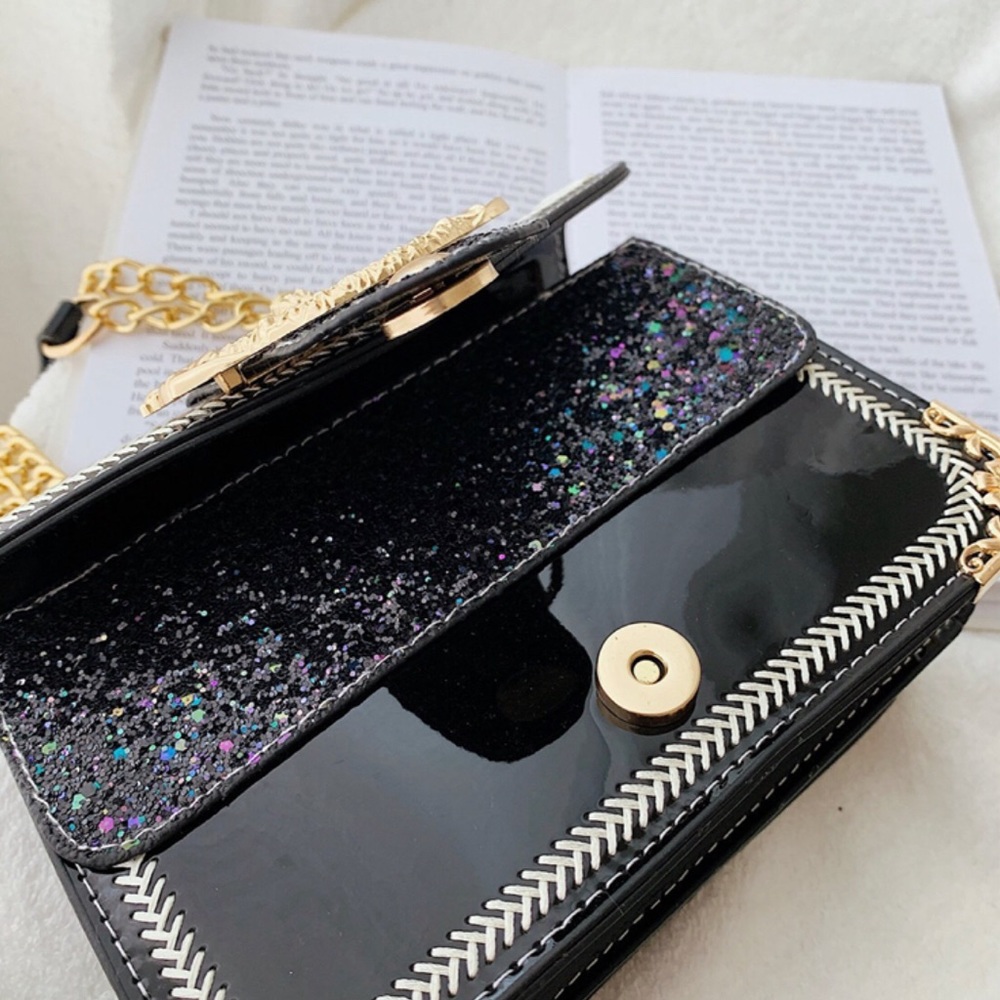 Graphite Chain Glitter Leather Shoulder Bag / Crossbody Bag (Black) - Picture 6 of 7